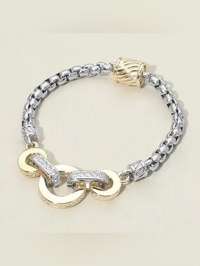14K Gold Plated Two Tone Triple Ring CZ Pave Link Magnetic Bracelet